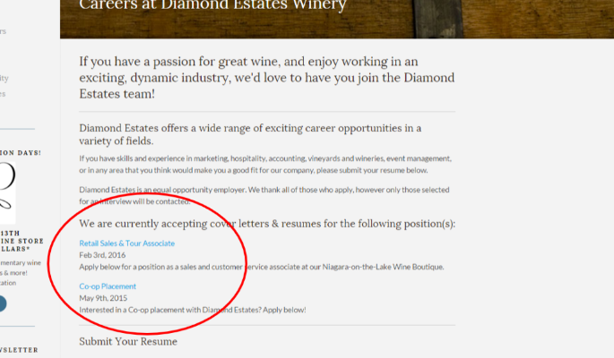 Careers, Diamond Estates Winery, Niagara